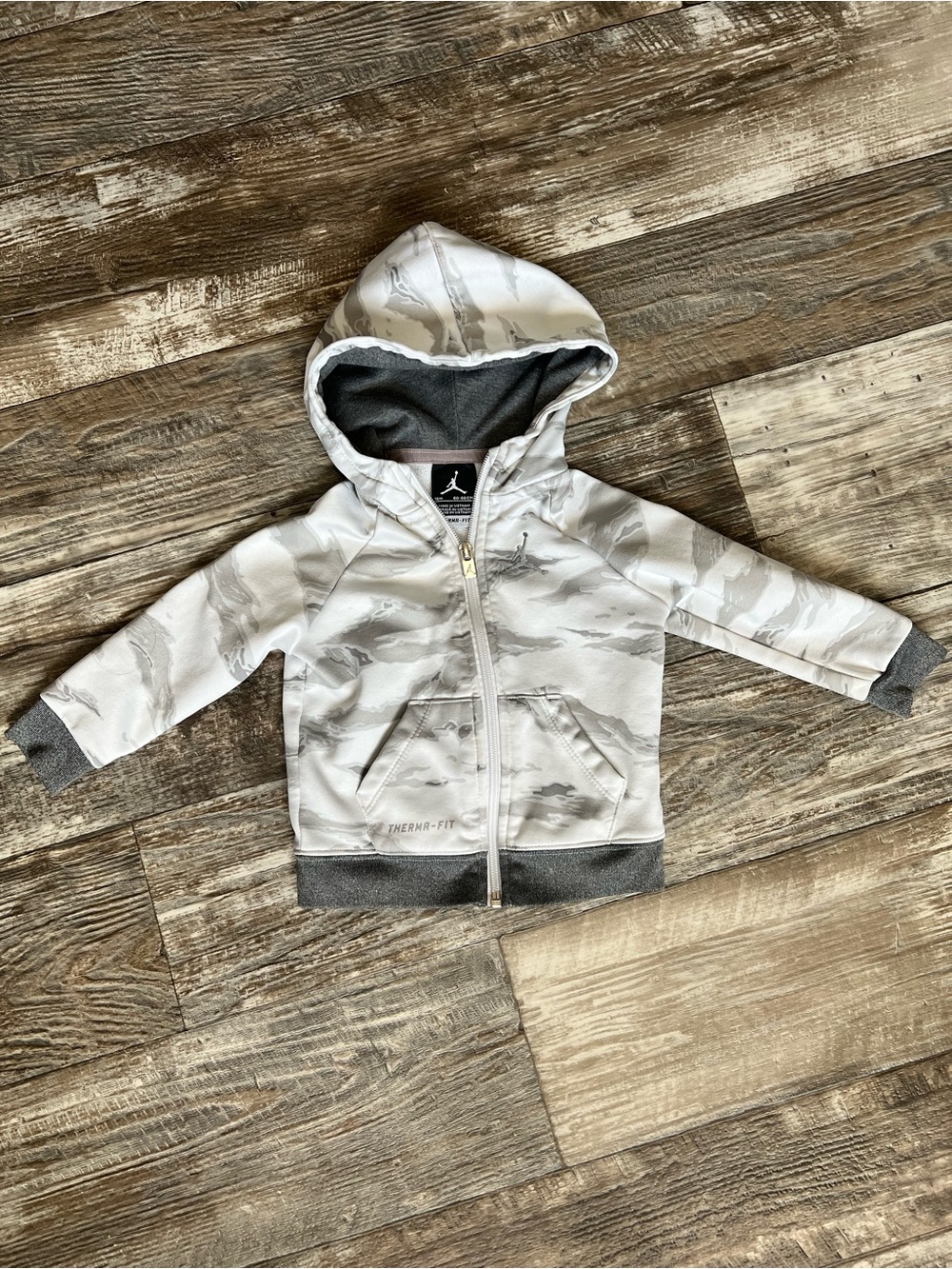 Jordan Toddler Hooded Zip Sweatshirt in White/Cream Camo with Gray Trim 18m